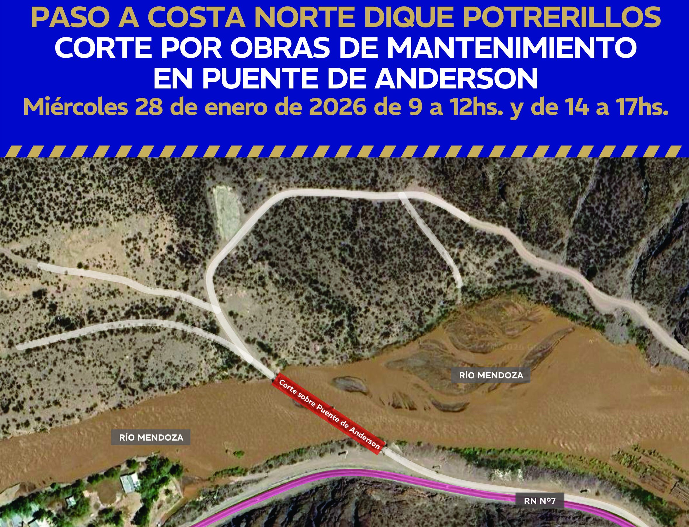 Por obras de mantenimiento estará cortado el puente Anderson que va a la costa norte de Potrerillos